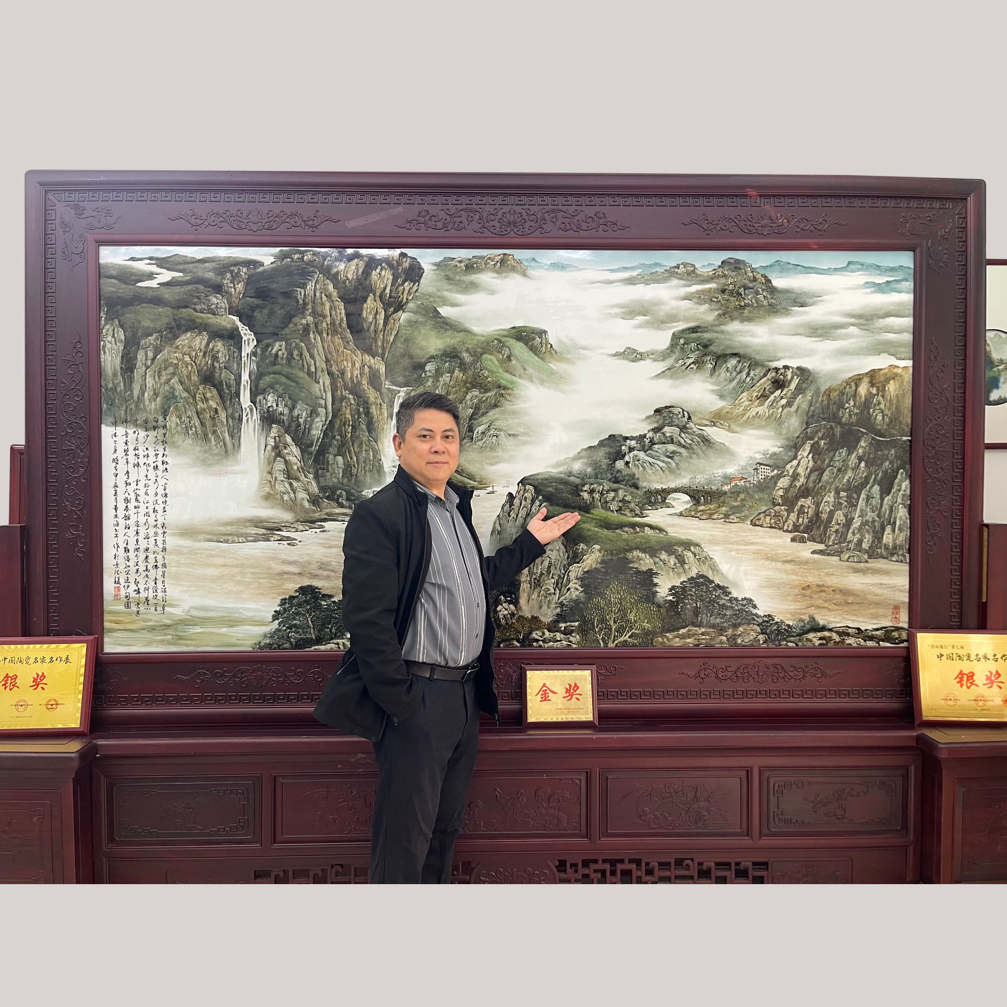 董林海手绘瓷板画中式红木屏风隔断可用于客厅办公室酒店大厅