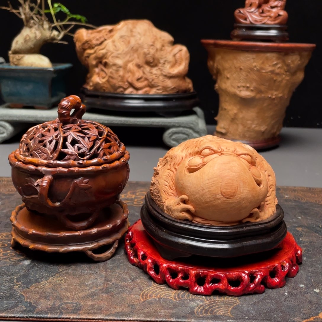 单***头香榧木竹叶小叶黄杨木香炉➕金蟾荔枝木香炉