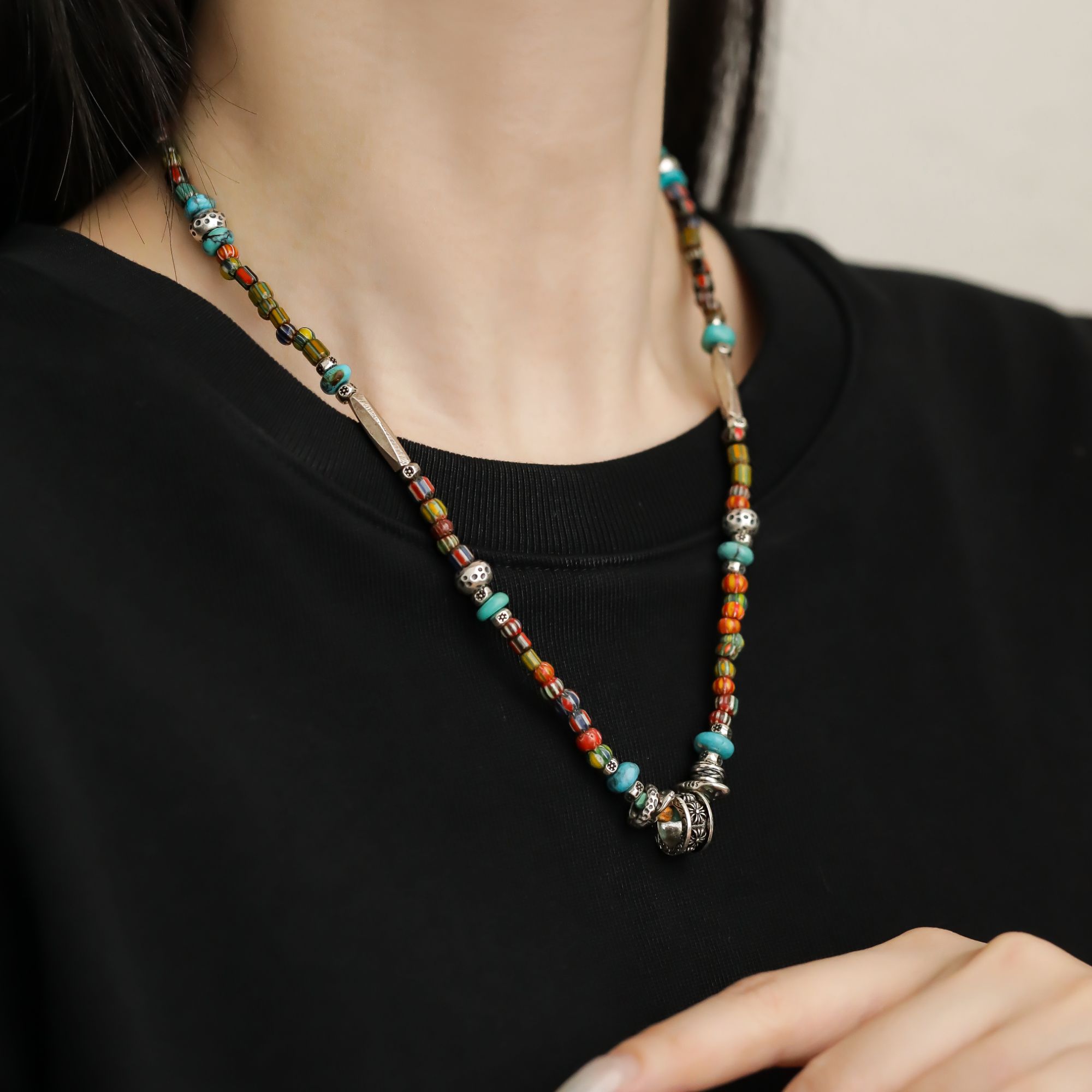 链子925银 大头姐N18216 纳瓦霍风老鹰圆牌十字花桶珠彩色珠项链