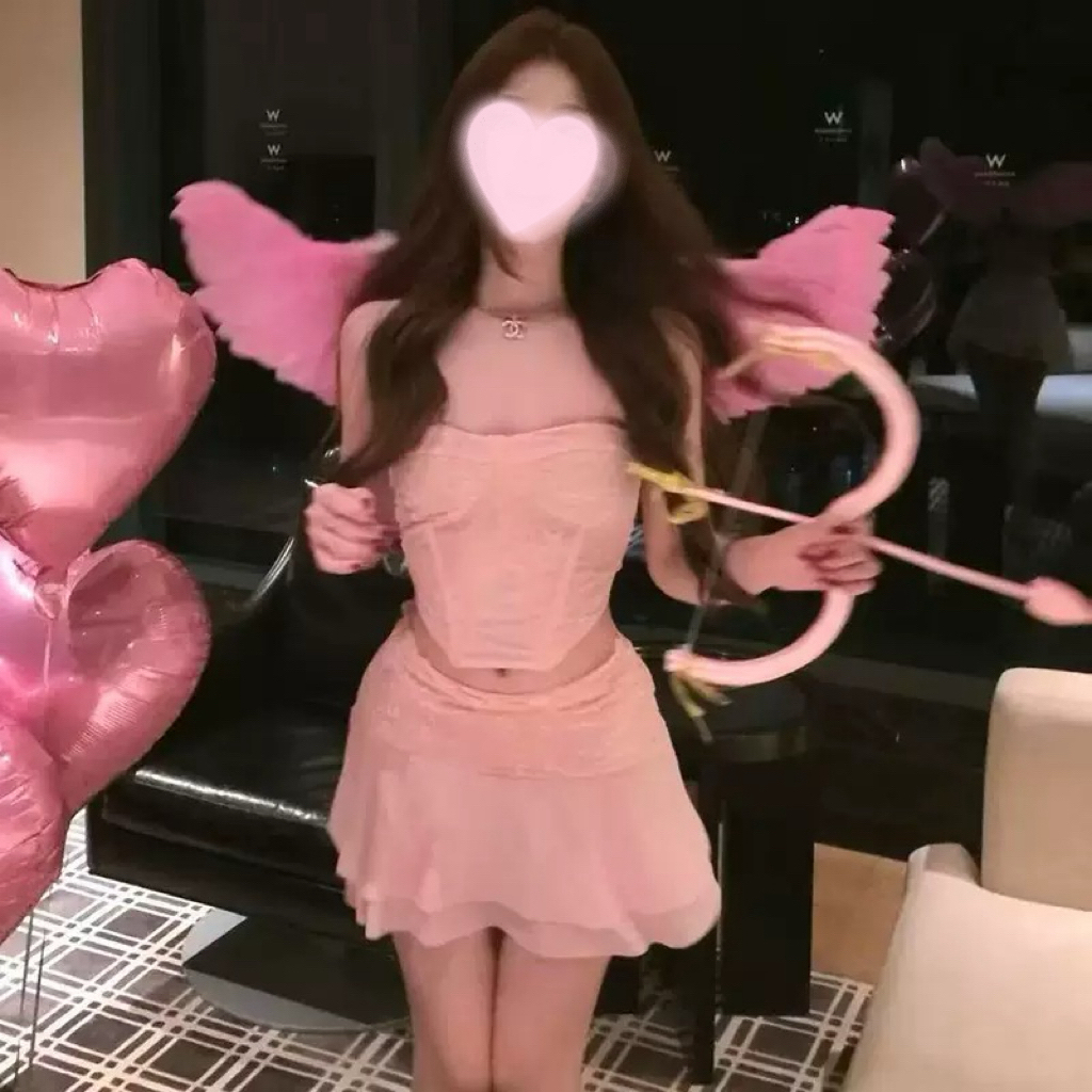 【薯饼果子】爱神丘比特 粉色天使蕾丝鱼骨抹胸套装