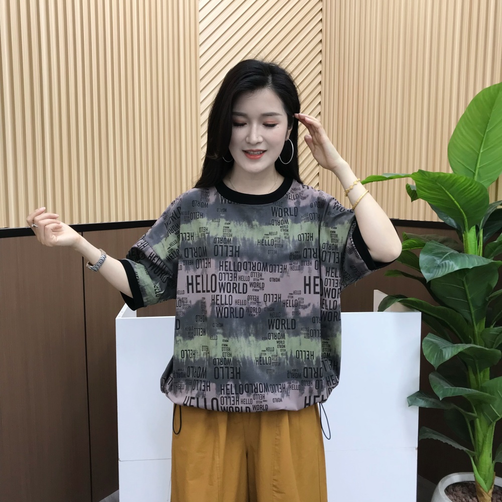 夏季新款短袖母圆领休闲T恤常规宽松型拼接百搭半袖小衫1059