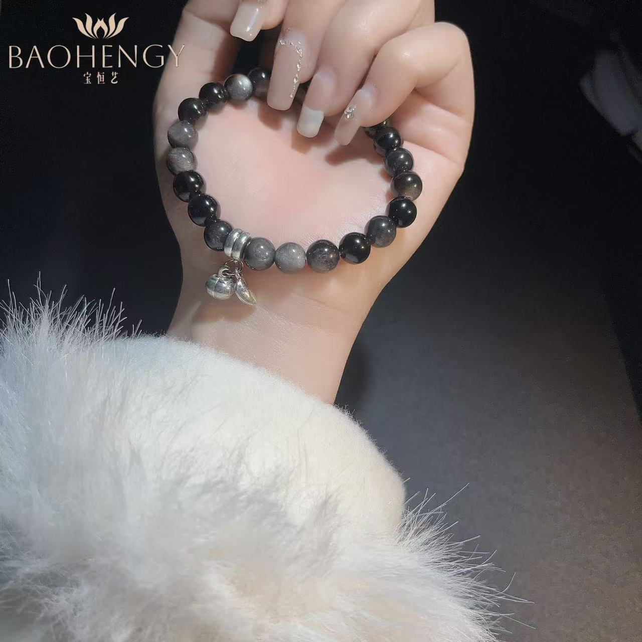 手工银曜石配柿柿如意吊坠手串气质时尚百搭黑色单圈灰色小众珠珠