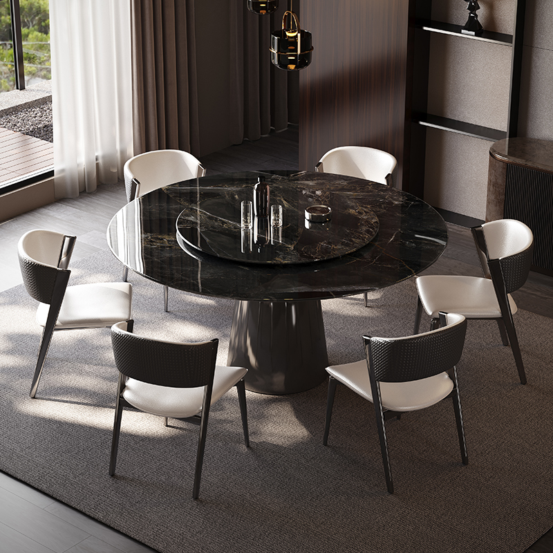 轻奢石头现代简约家用大理石餐桌大圆桌宝格丽黑高级感