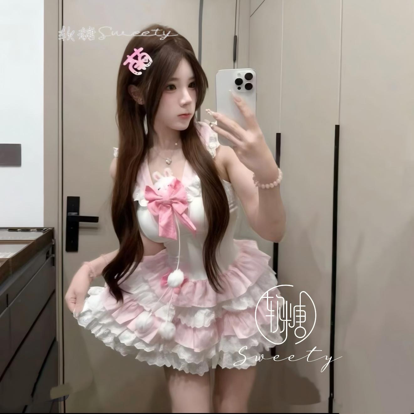 【小泡芙】小甜宝宝原创手作甜妹可爱萝莉套装V领蝴蝶结氛围感短裙