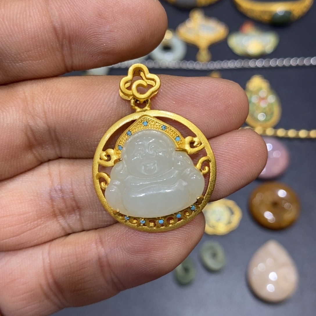 和田玉颈饰银S925镀金镶嵌