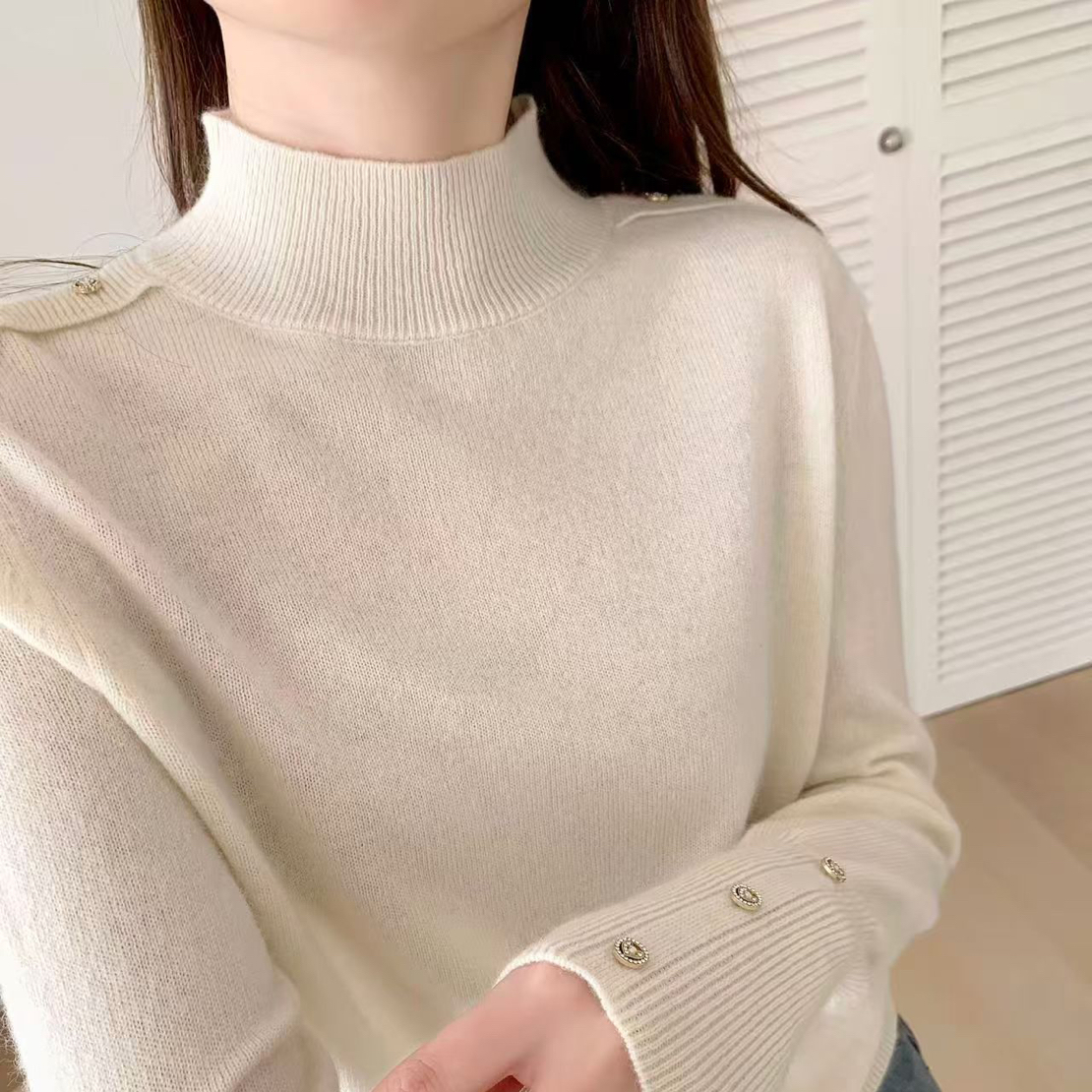 半高领钉珠针织衫女秋冬法式复古修身显瘦长袖内搭打底上衣