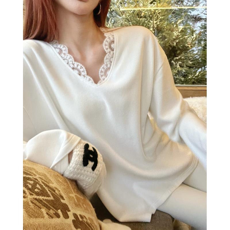 婉君T【浪漫蕾丝】秋冬新款v领蕾丝保暖长袖打底上衣LWJ25D4T4049
