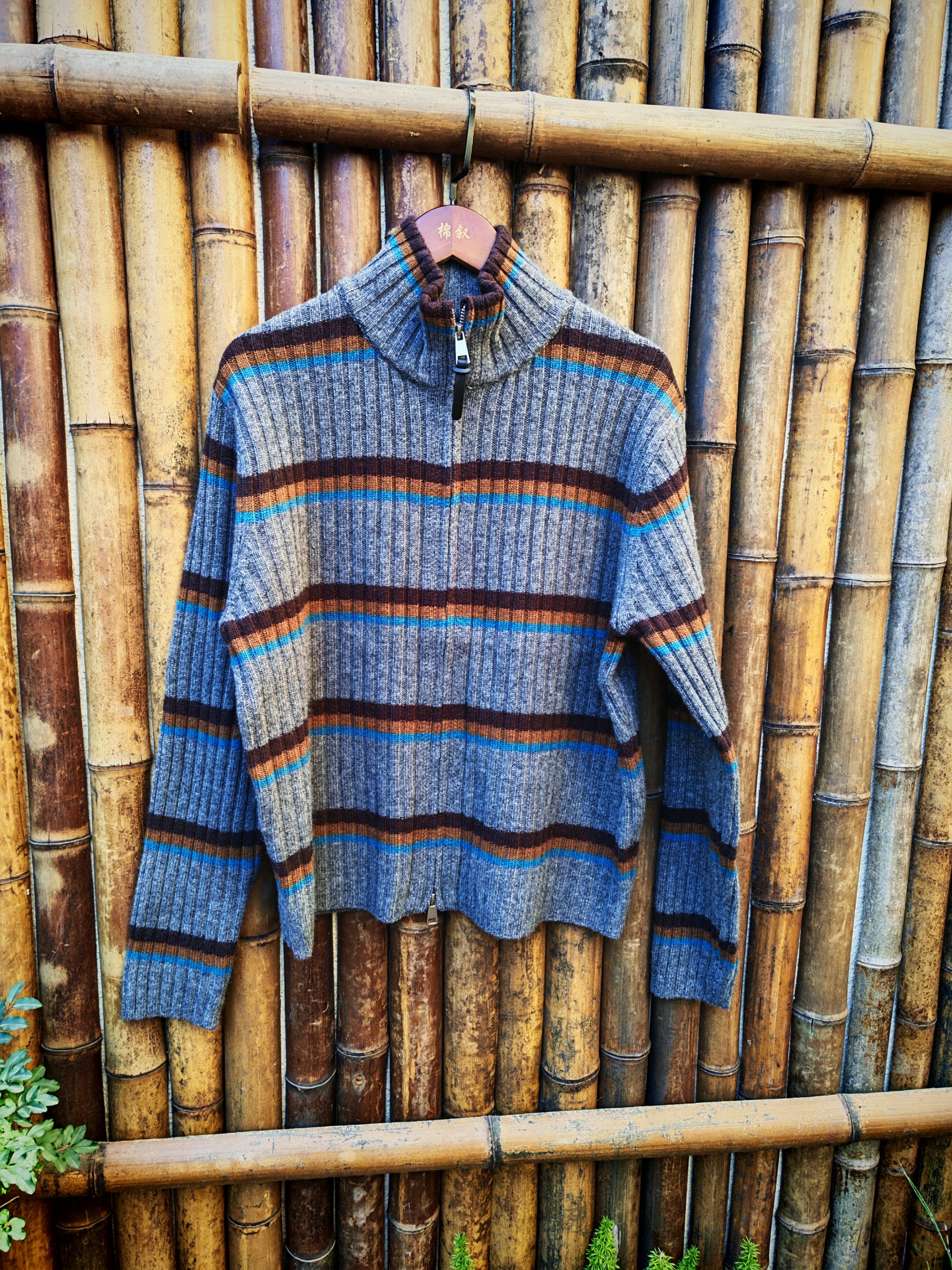 棉叙布衣分享秋冬女立领拉链条纹毛针织开衫