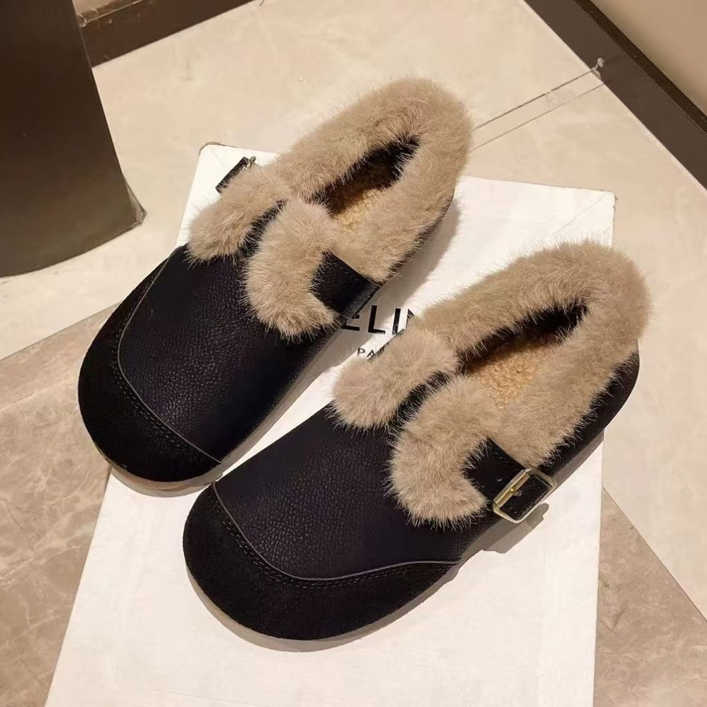 S020纯色厚底加绒保暖软底豆豆鞋冬季休闲浅口加厚