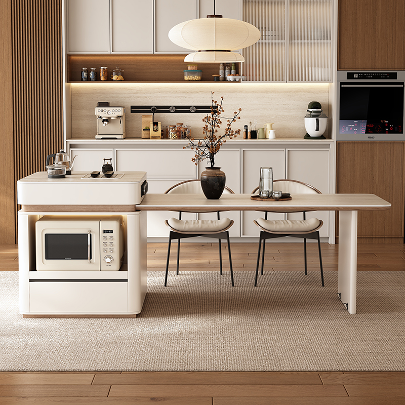 岩板伸缩岛台餐桌中古风语音智能按键伸缩简约餐厅家用高端中岛台