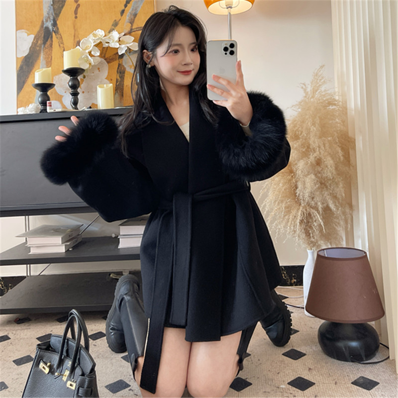 小个子收腰气质毛呢双面呢外套可脱卸100真狐狸毛羊毛黑色大衣女