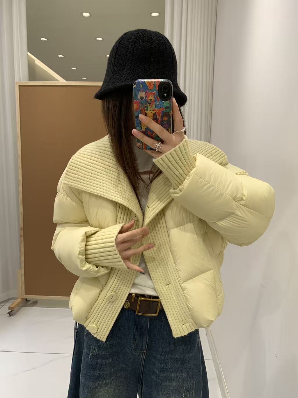 可米 新款短款百搭休闲潮流保暖针织大翻领黄色羽绒服2673（衣长54