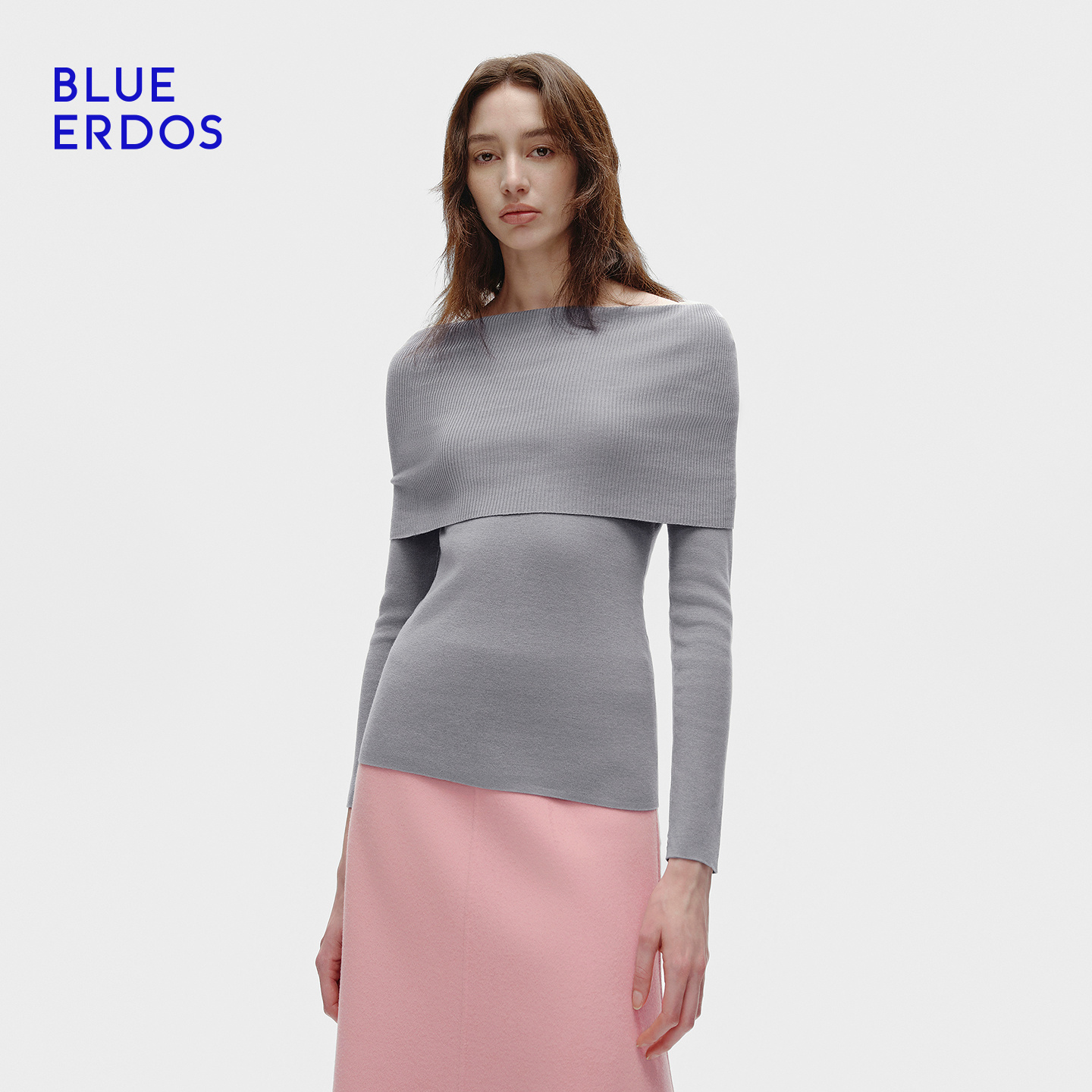 BLUE ERDOS 2025早秋新品气质优雅精纺羊毛法式一字肩堆领女套衫