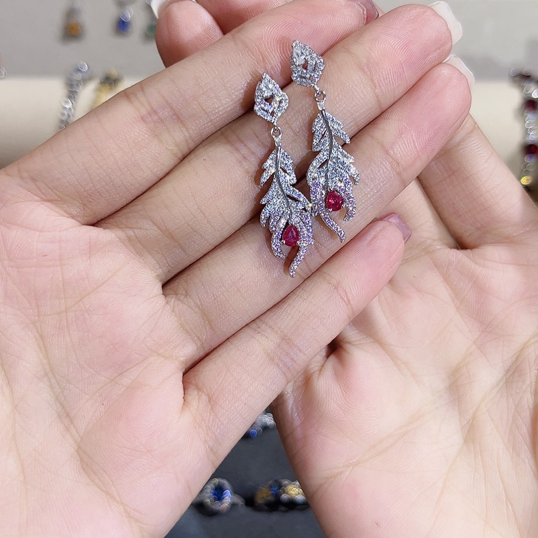 红宝石耳饰银S925镶嵌