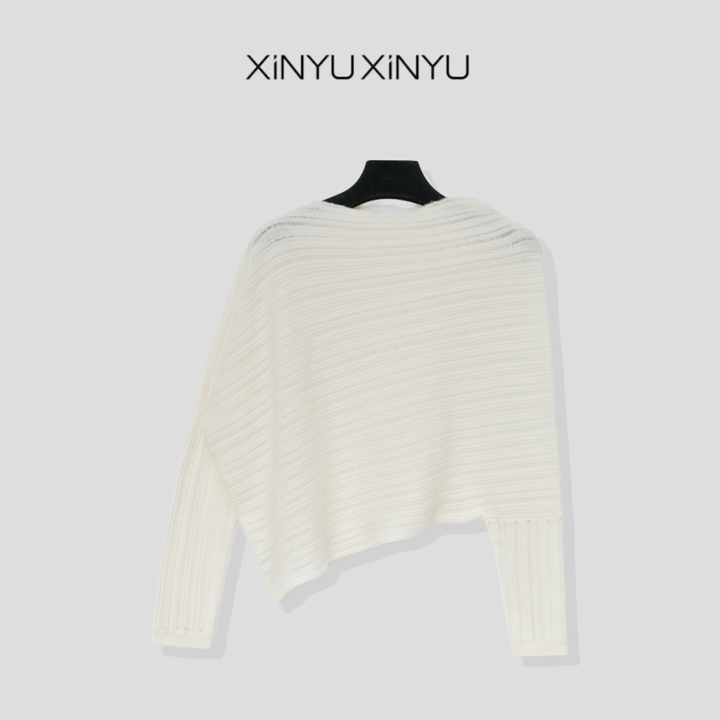 XINYU/芯与『月光』100绵羊毛不规则斜肩镂空毛衣 424153 气质 