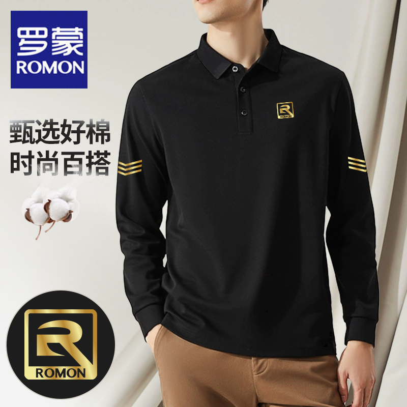 罗蒙长袖t恤男士春秋季2025新款翻领polo衫男装打底衫上衣服黑色