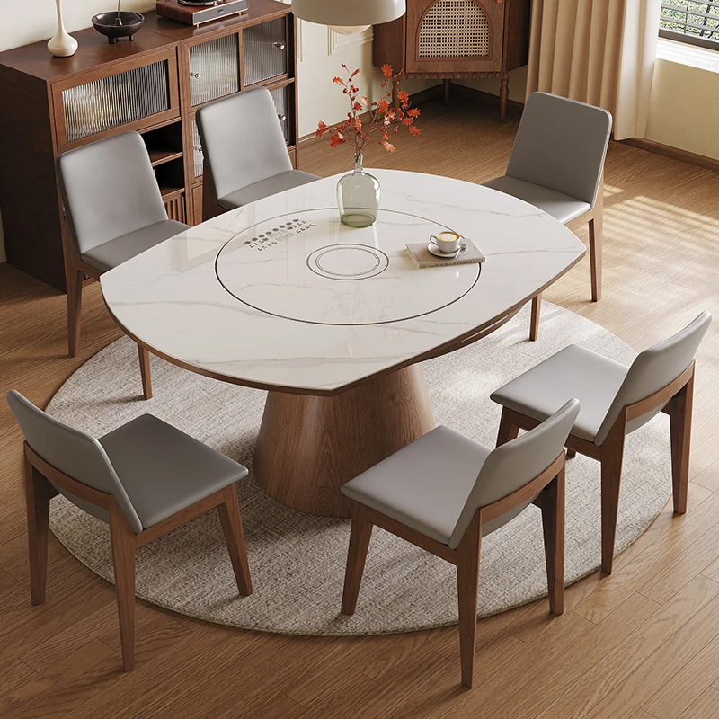 2025新款多功能伸缩餐桌椅自动转盘电磁炉暖菜桌子胡桃木色中古风