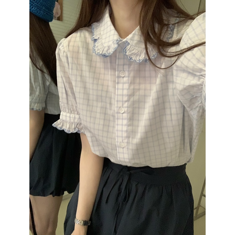 韩系减龄甜美花边领清爽蓝格小衫衬衫