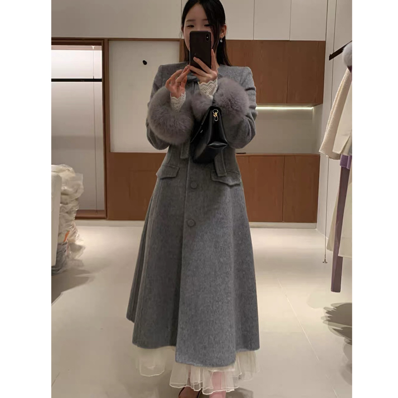 【25148】蝴蝶结领毛毛袖收腰显瘦毛呢外套中长款大衣女