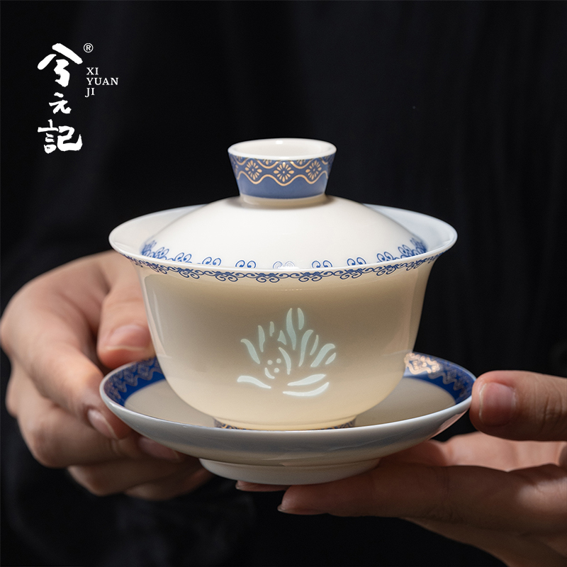 羊脂玉瓷玲珑瓷三才盖碗茶杯家用单个高档陶瓷三件套泡茶功夫茶具