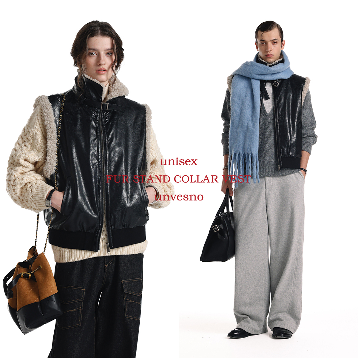 Unvesno(UN)【漆光皮毛一体】高智复古皮毛一体立领皮带保暖马甲