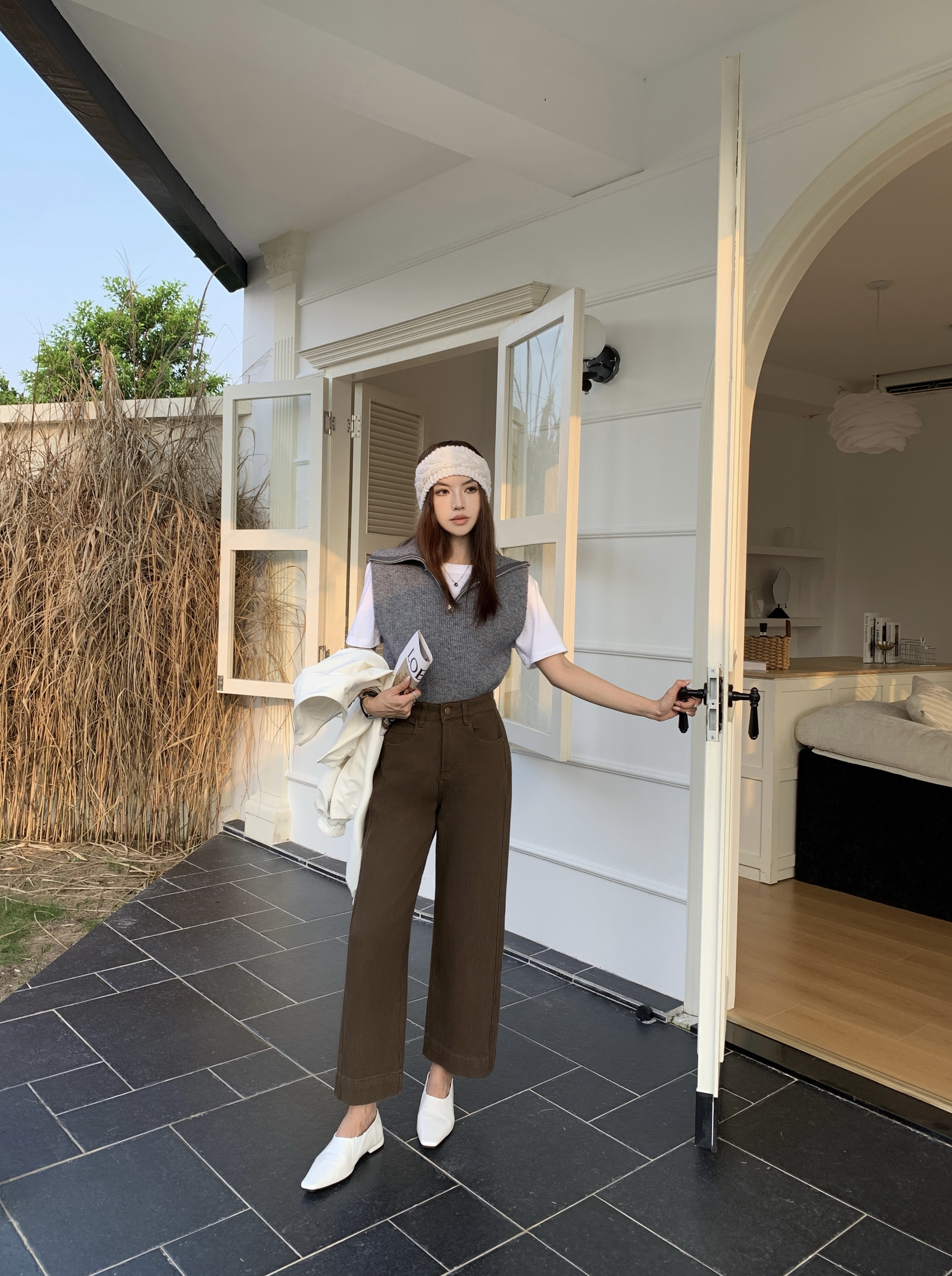 DXW植绒咖啡色四面弹奶奶裤牛仔裤女