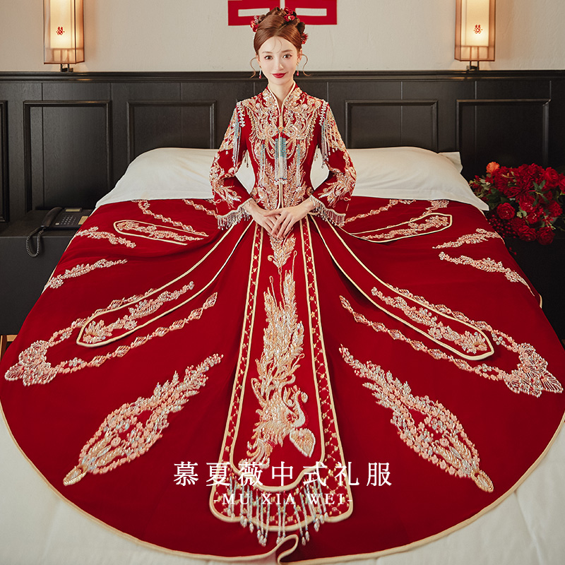高级丝绒秀禾服新娘结婚秋冬嫁衣