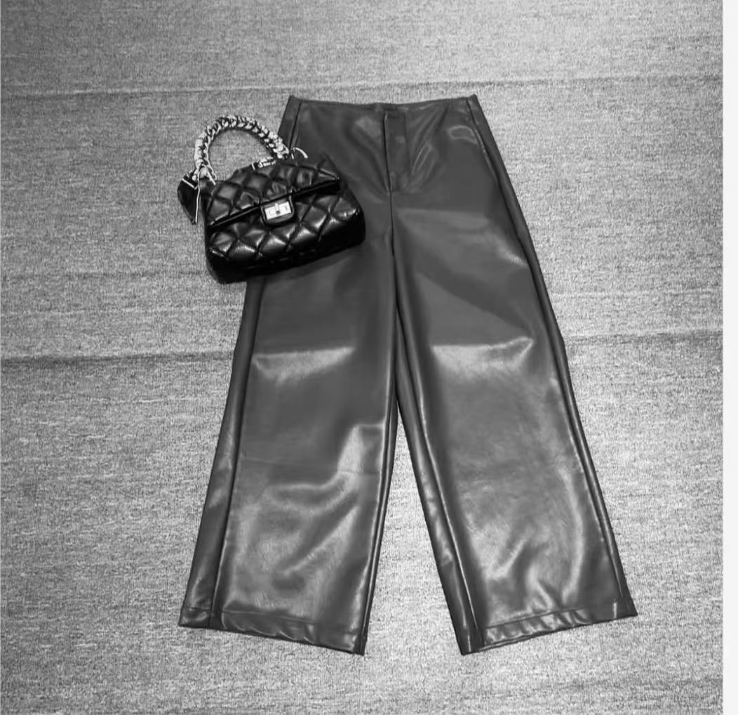 鑫姐时尚气质百搭设计师休闲宽松休闲裤蛋白皮九分黑色皮裤女