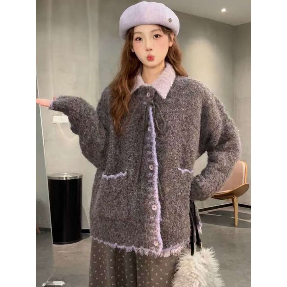 森系撞色慵懒风氛围软糯毛衣开衫女秋冬宽松显瘦百搭保暖针织外套