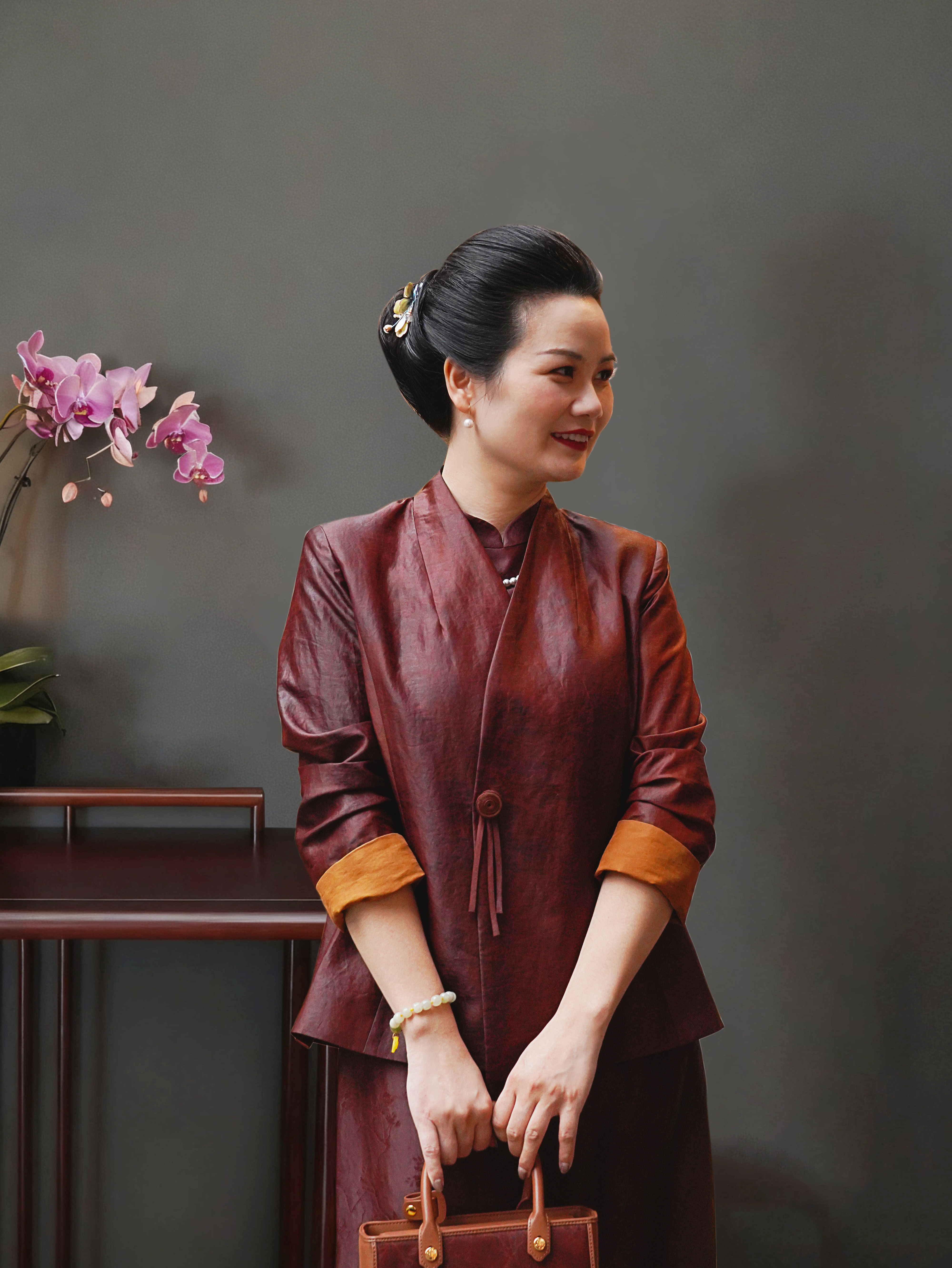 国风中式红云纱桑蚕丝紫檀色上衣外套-68524