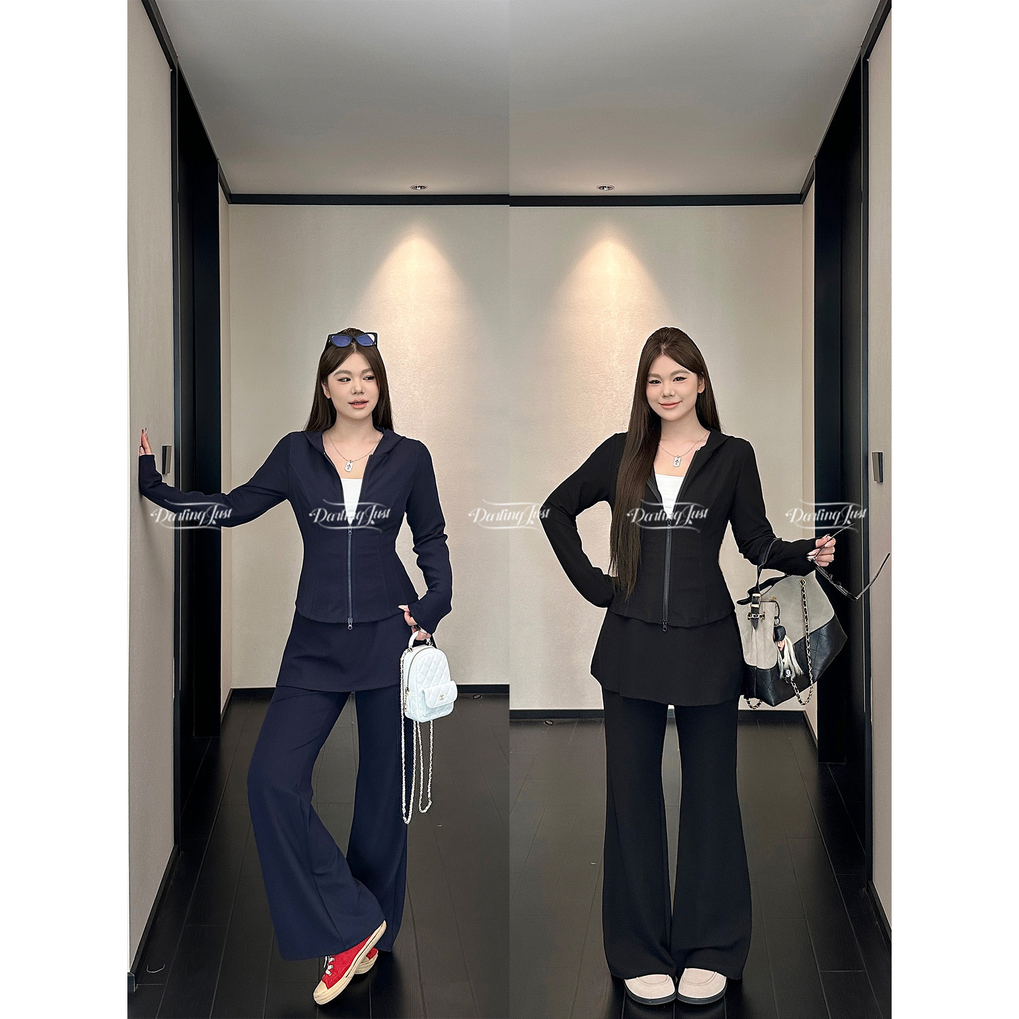 DarlingJust小野墩墩[火柴人套装]显瘦连帽上衣+微喇休闲长裤套装