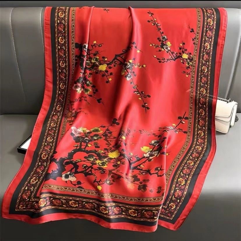 梅香如故+90*180左右锦缎丝巾围巾国风高级时尚百搭沙滩巾