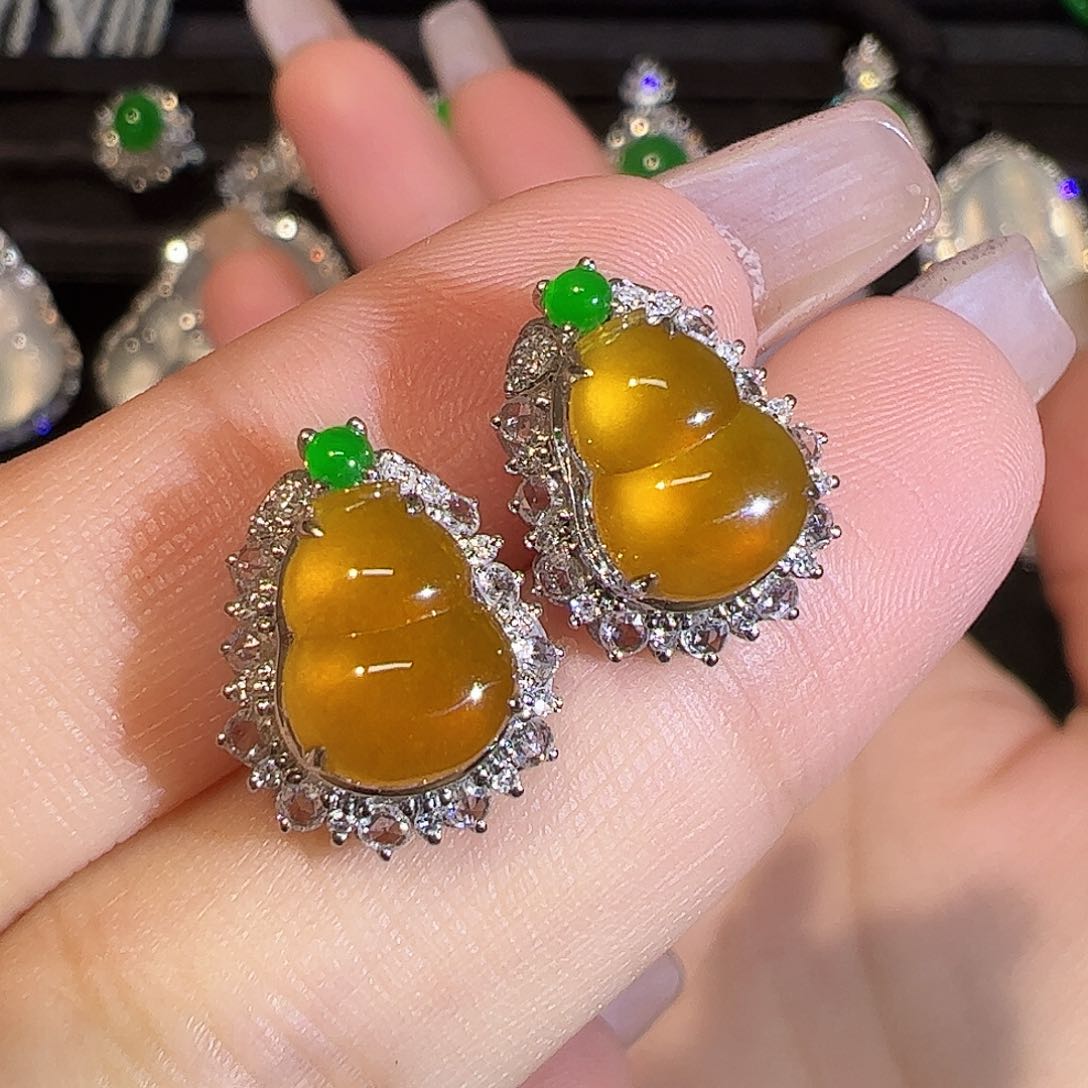 翡翠耳饰18K金镶嵌葫芦