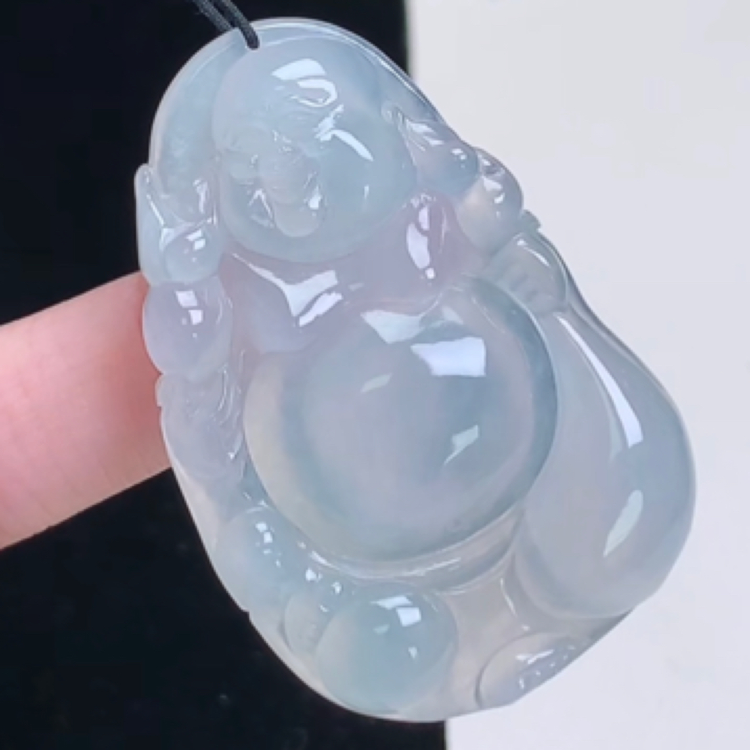 缅甸天然翡翠a货 白冰布袋佛小吊坠底装细腻种老精美