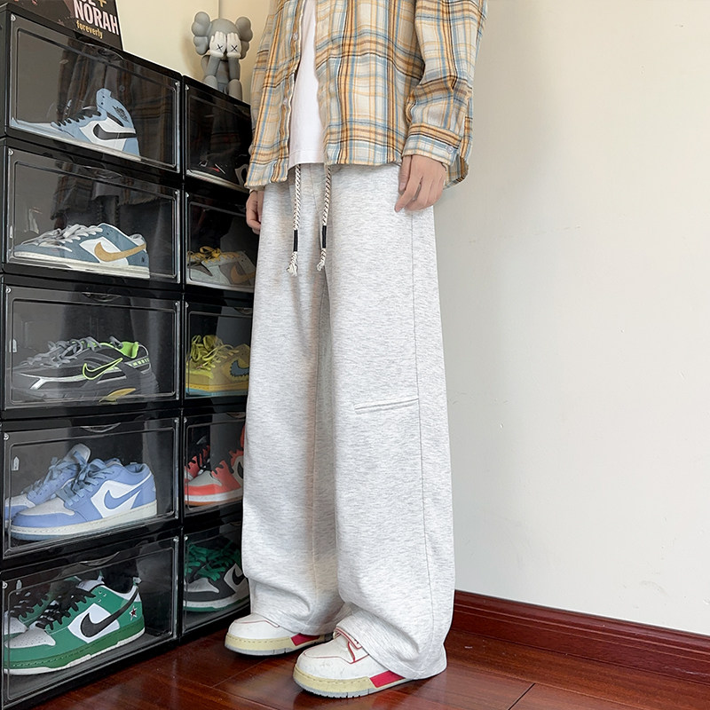 港风秋季复合重磅纯色卫裤男生潮流大码宽松直筒拖地休闲裤