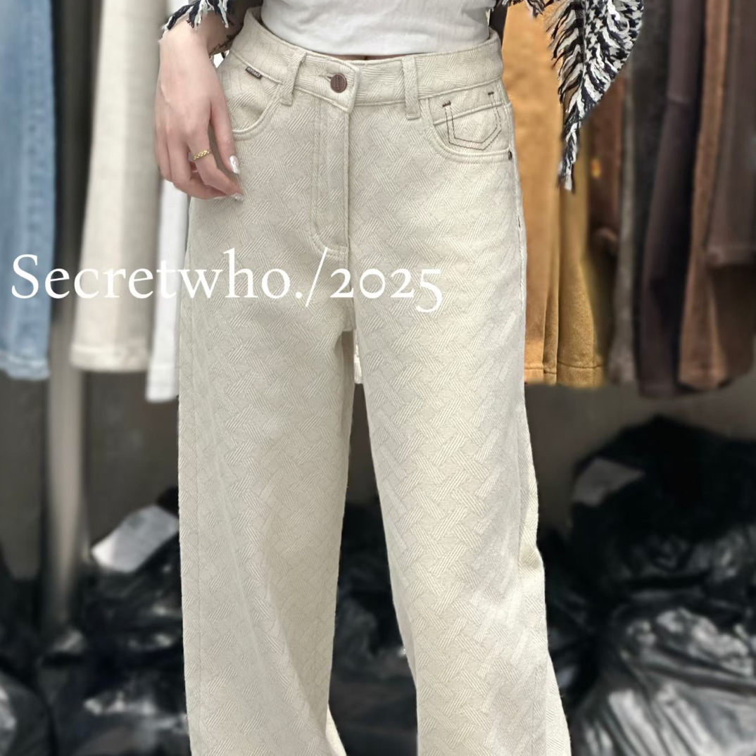 秋冬新款浅杏色高腰加绒肌理感阔腿牛仔裤女显瘦百搭宽松直筒