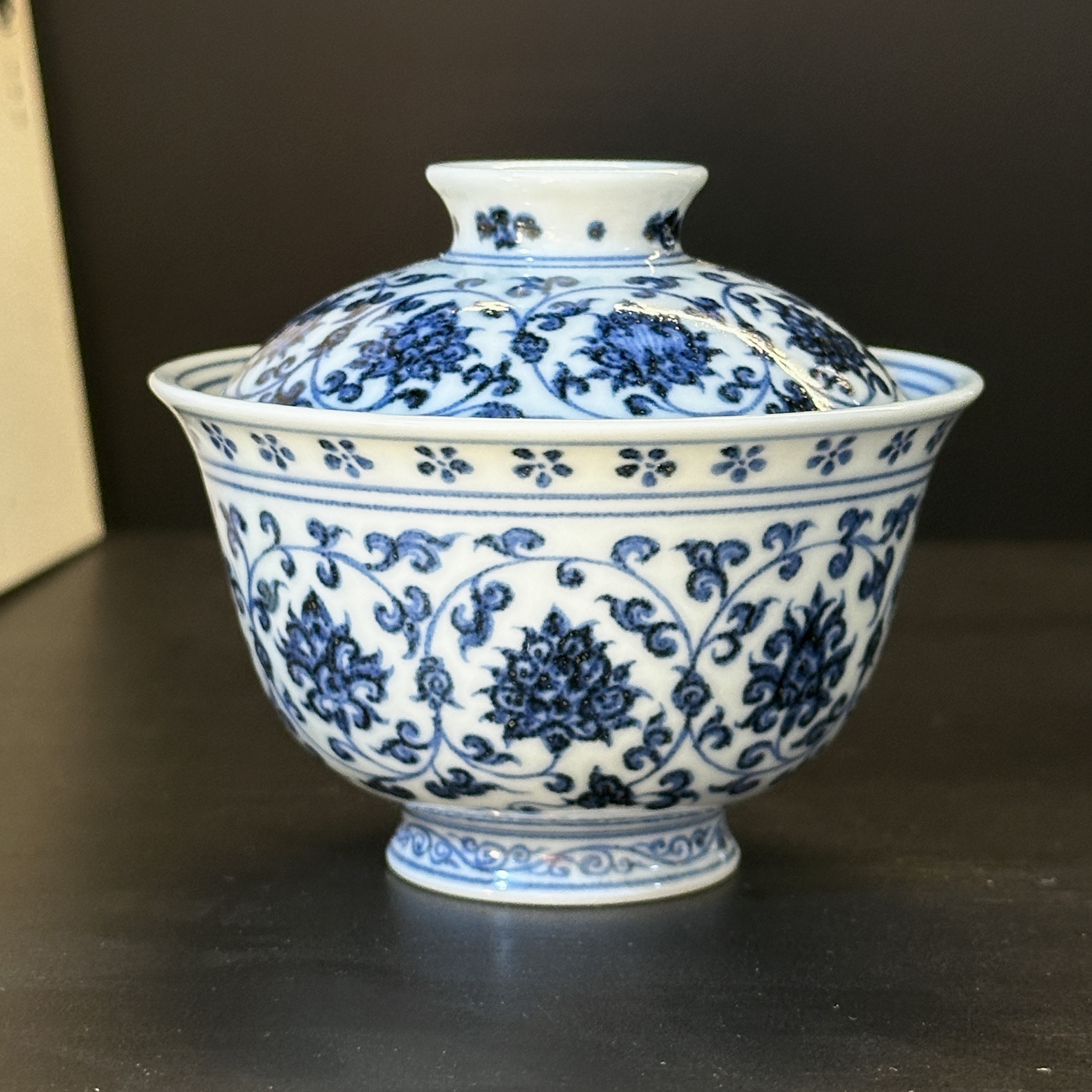 五云随安仿明青花缠枝莲小盖碗岩茶神器110cc景德镇陶瓷茶具