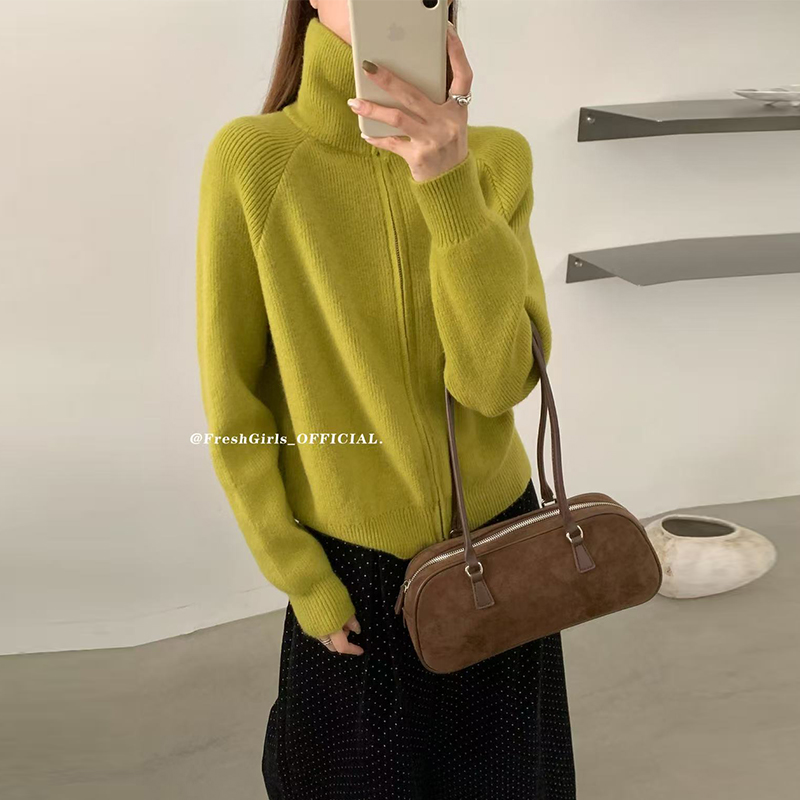 韩系穿搭高领灰色毛衣外套女设计高级感针织开衫上衣秋冬季