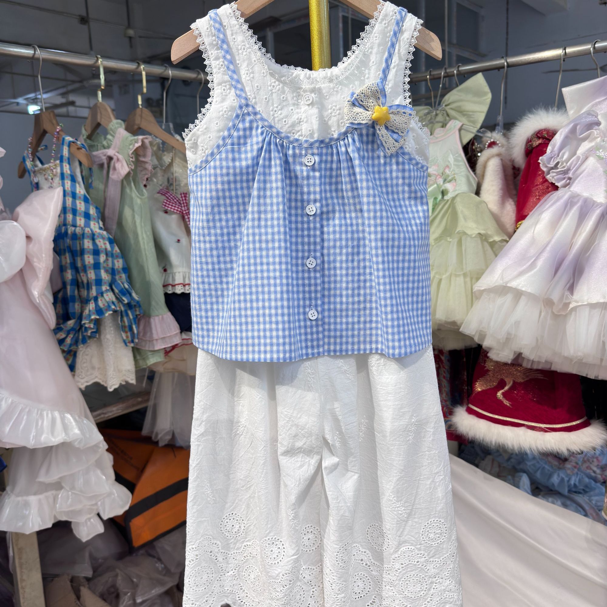 蓝色格子套装简约高级夏季女童