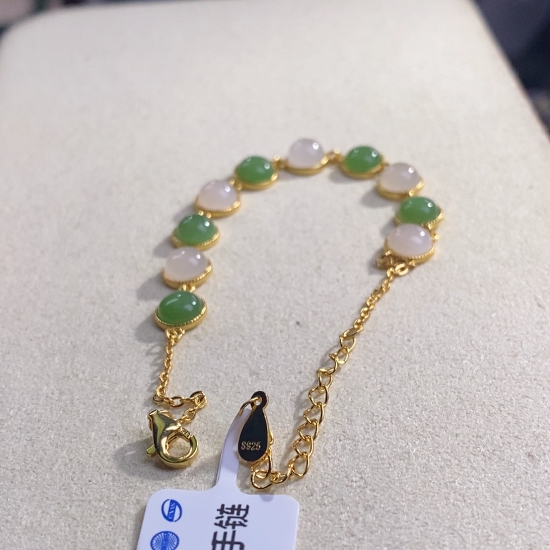 和田玉白玉碧玉银镶蛋面手链未镶嵌哎****～