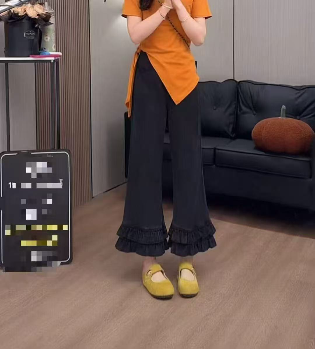 66117-早秋高弹力百搭大码立体双层花朵边裤