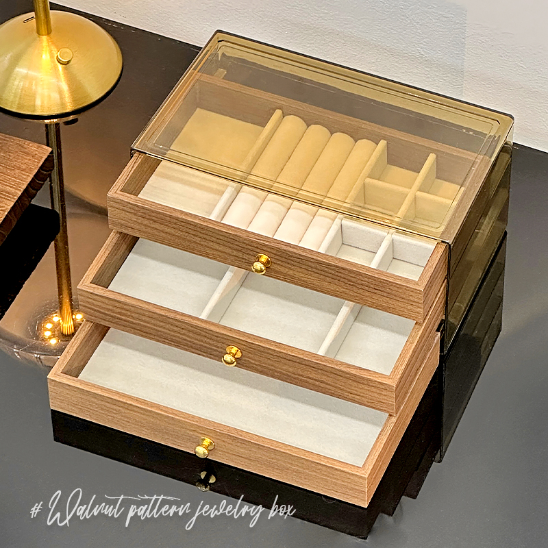 胡桃木纹首饰盒高档精致多层戒指耳环耳钉收纳盒项链手链首饰盒子