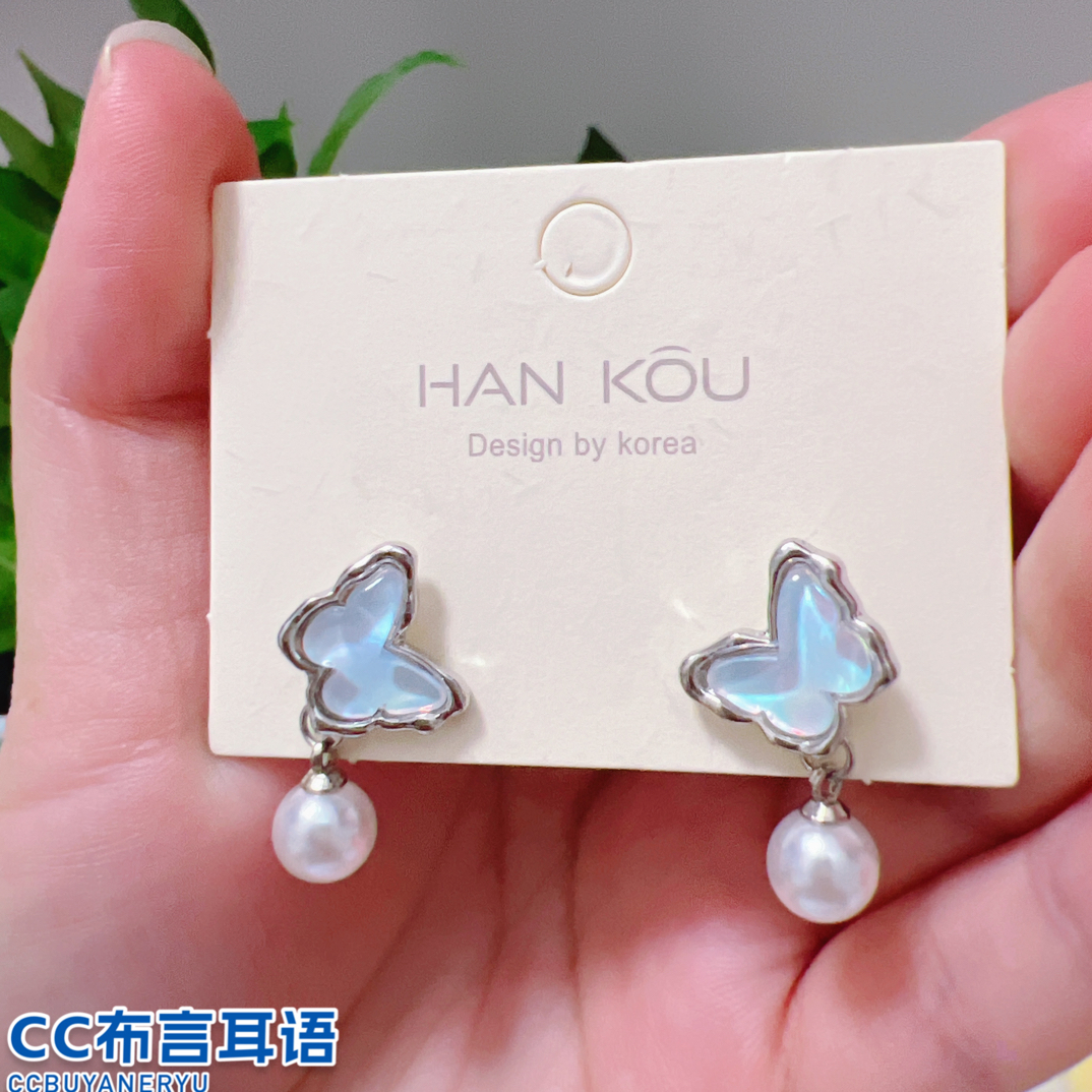 合金耳饰 A10#银边蝴蝶珍珠耳钉小众