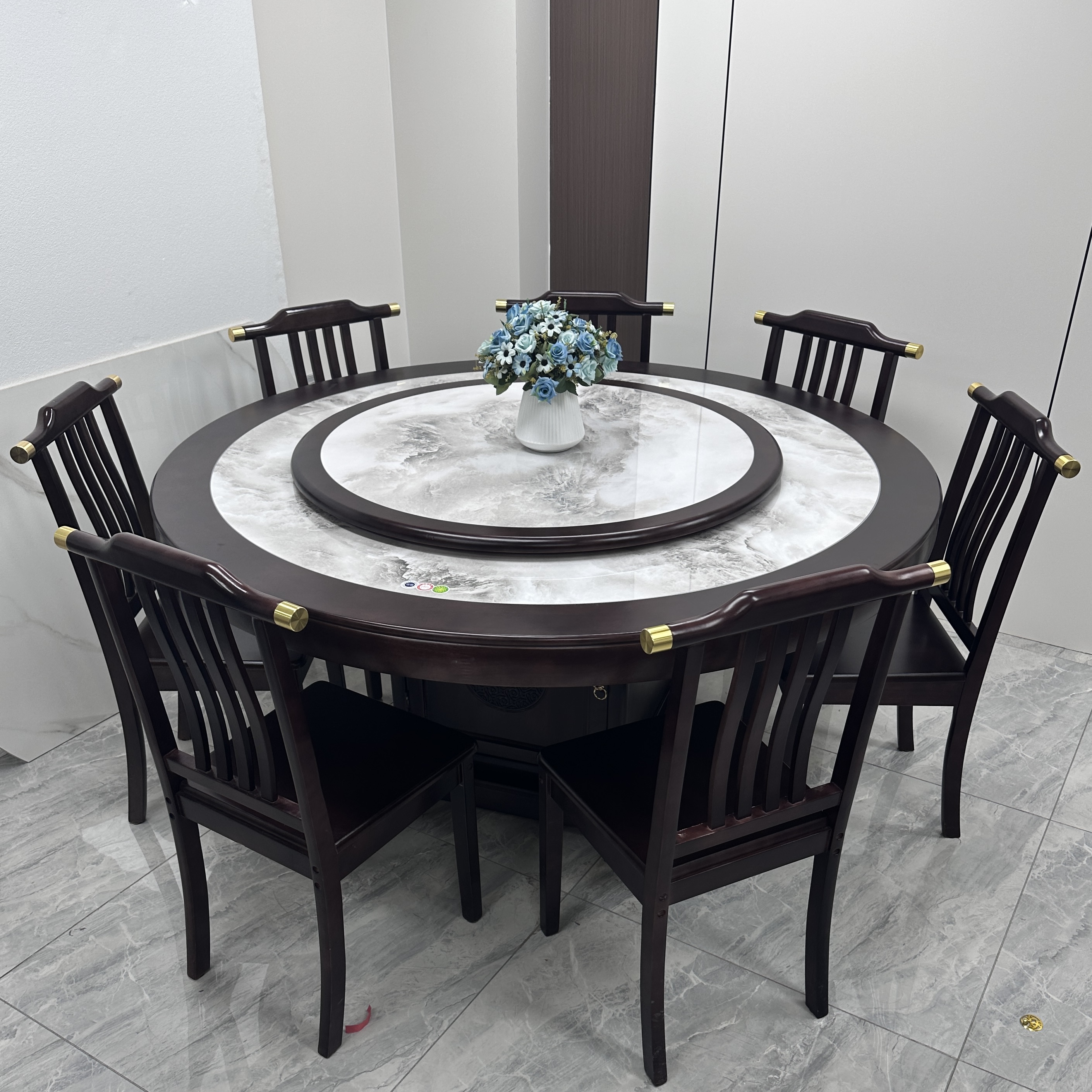 轻奢山水意境简约吃饭桌新中式餐桌圆形餐桌新中式餐桌客厅家用