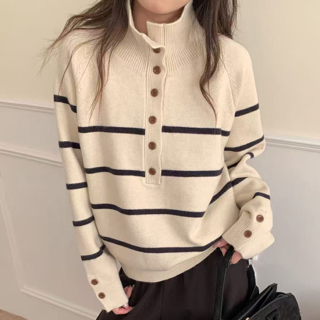 薇薇家 韩系袖口领口带扣条纹上衣