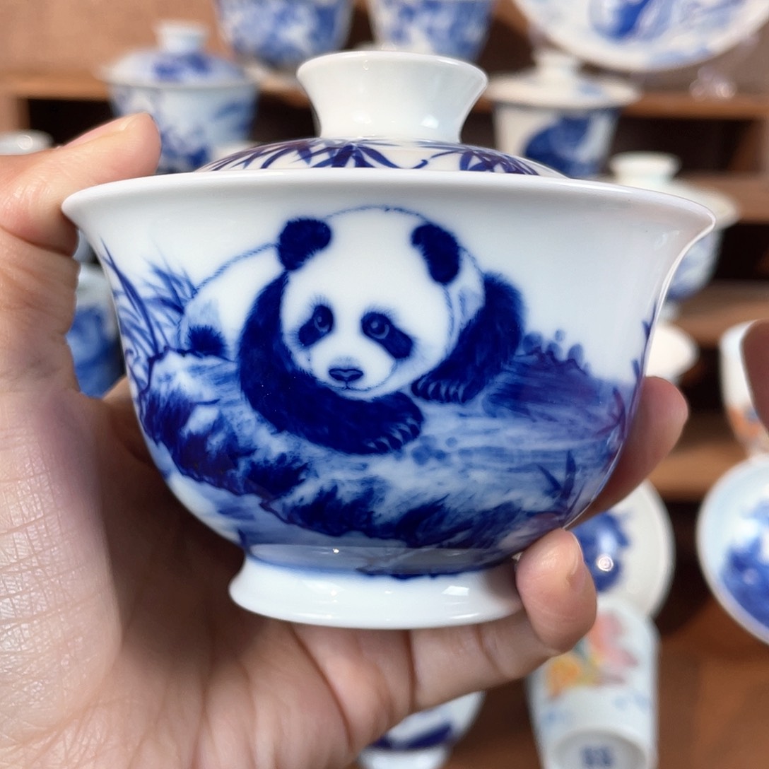 泥藝瓷梦熊猫盖碗