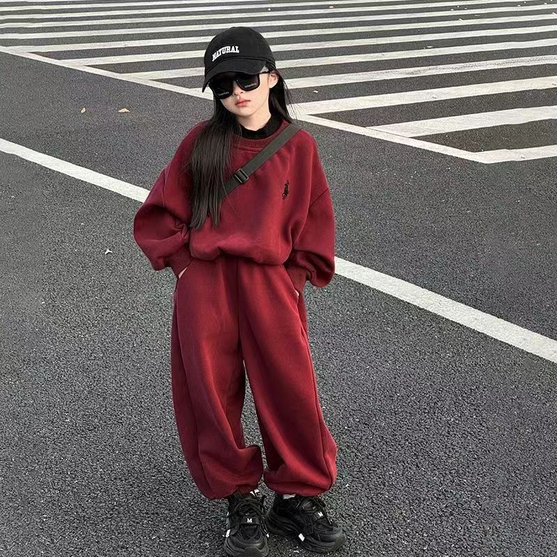 女童加绒套装2024新款中大童秋冬印花加厚女孩简约休闲运动两件套