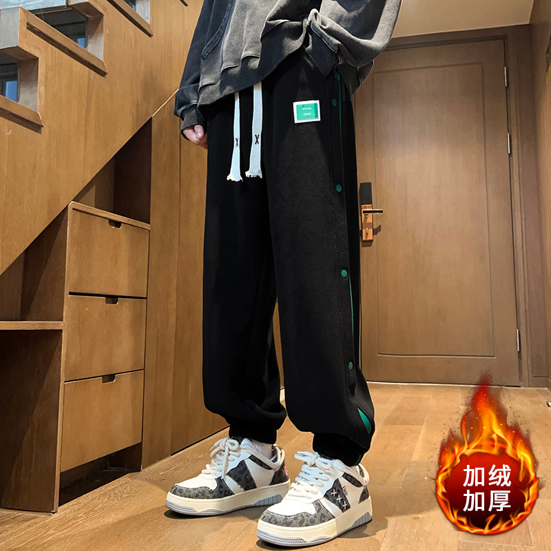 加厚加绒一体双面奥粒绒青少年初中生学院风排扣款束脚松紧裤口