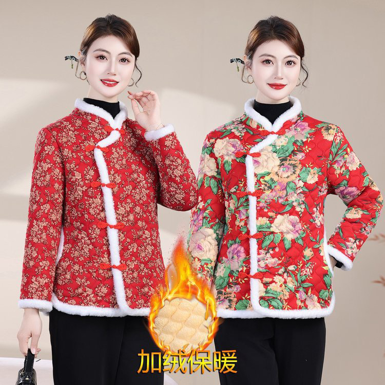冬季新款中国风碎花棉袄加绒加厚保暖中老年妈妈装棉服外套女