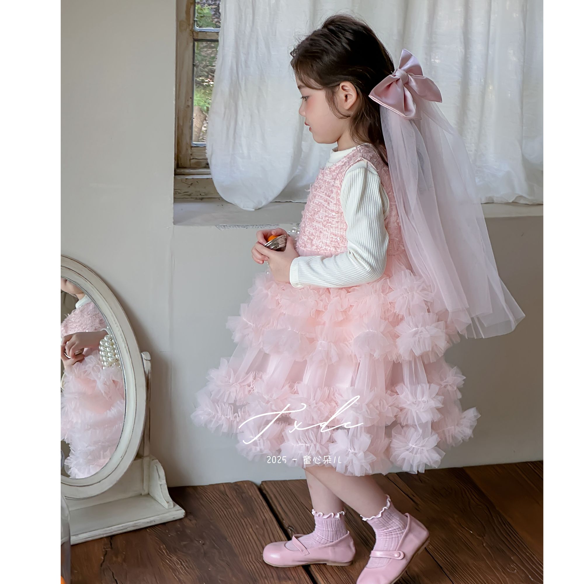 现货原创重工甜美粉色网纱蛋糕蓬蓬裙亮片生日周岁公主礼服裙